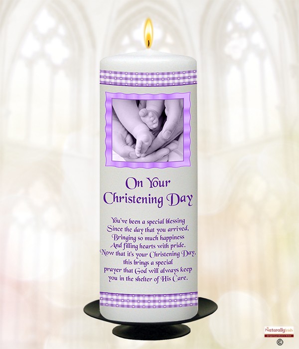 Gingham Feet Purple Christening Candle