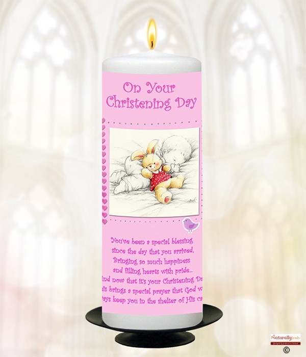 Snuggle Bear Pink Christening Candle