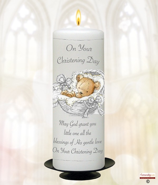 Teddy in Basket Silver Christening Candle