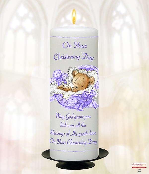 Teddy in Basket Purple Christening Candle
