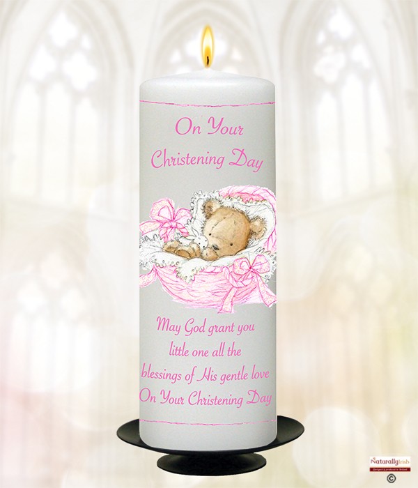 Teddy in Basket Pink Christening Candle