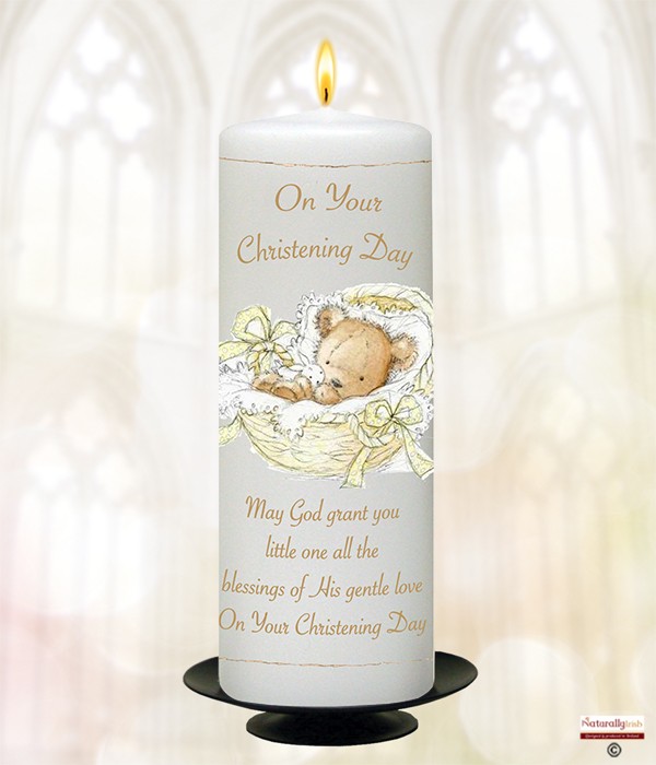 Teddy in Basket Yellow Christening Candle