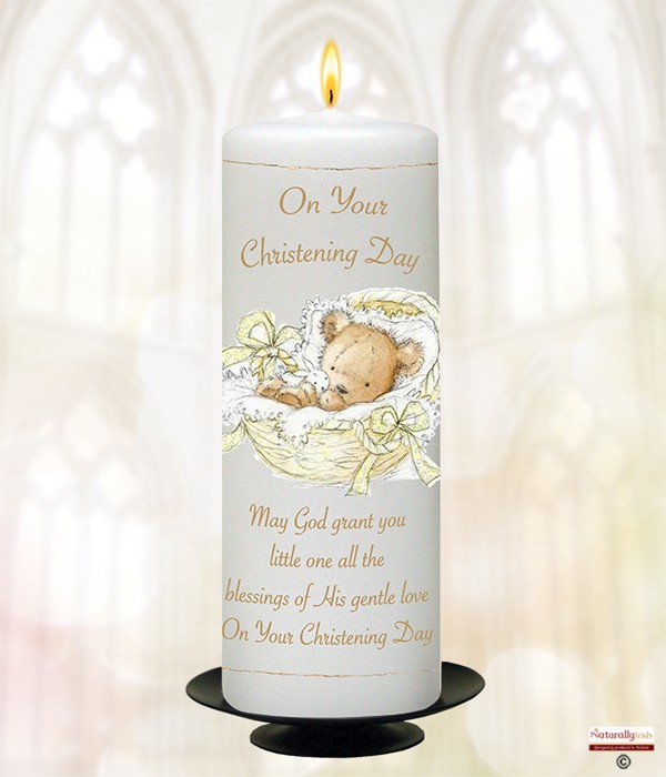 Teddy in Basket Yellow Christening Candle
