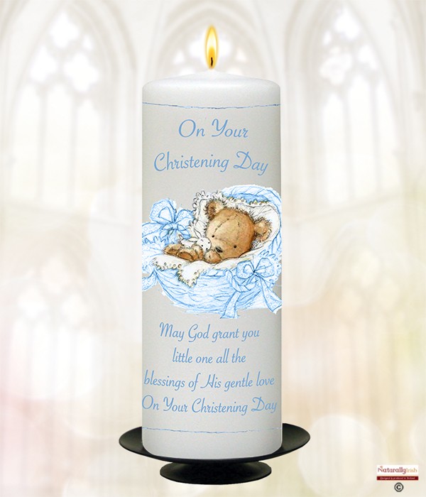 Teddy in Basket Blue Christening Candle