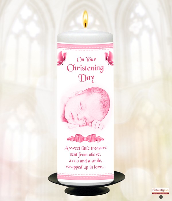 Baby, Butterfly & Bow Pink Christening Candle