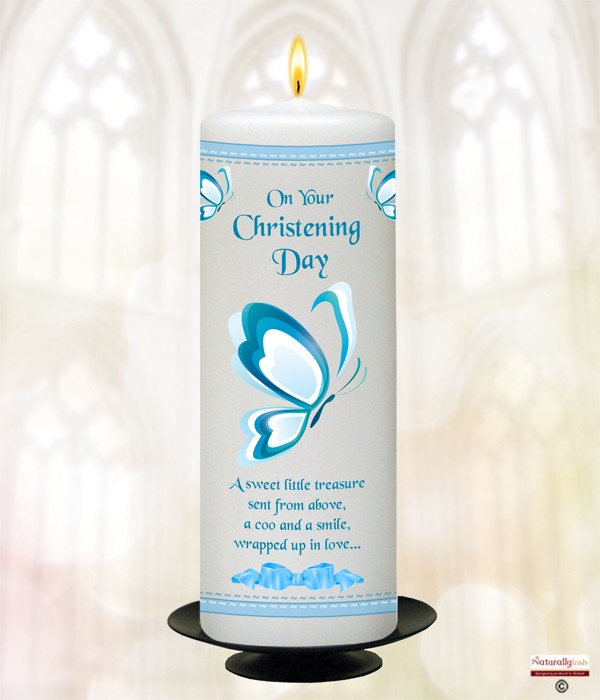 Butterfly & Bow Blue Christening Candle