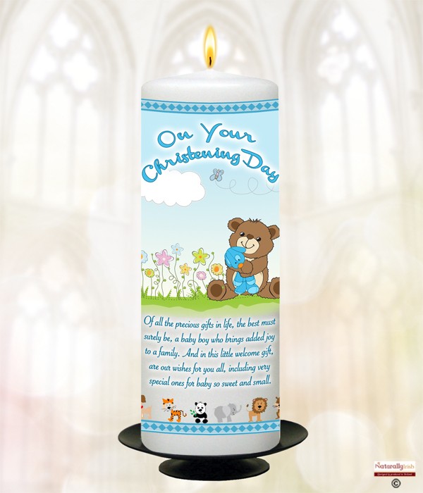 Cute Teddy & Flowers Blue Christening Candle