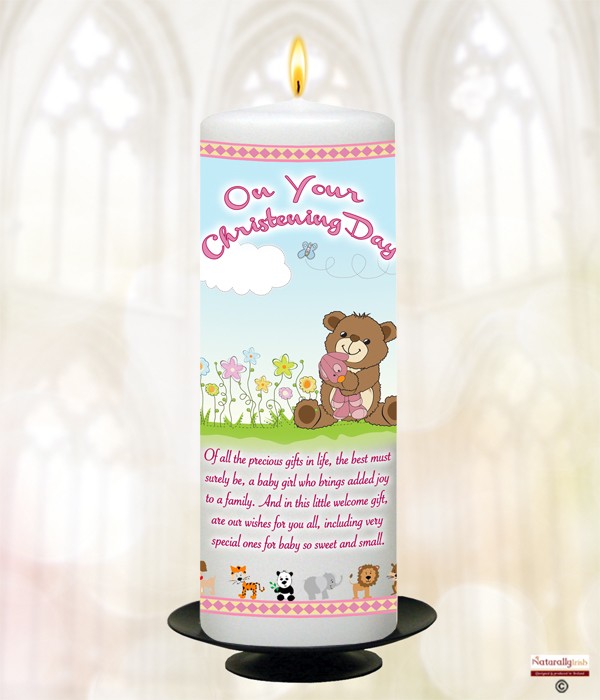 Cute Teddy & Flowers Pink Christening Candle