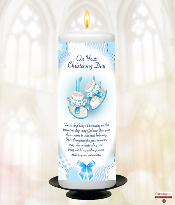 Dots, Ribbons & Booties Blue Christening Candle