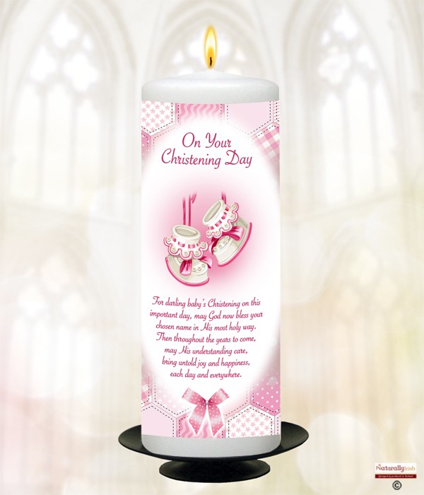 Dots, Ribbons & Booties Pink Christening Candle