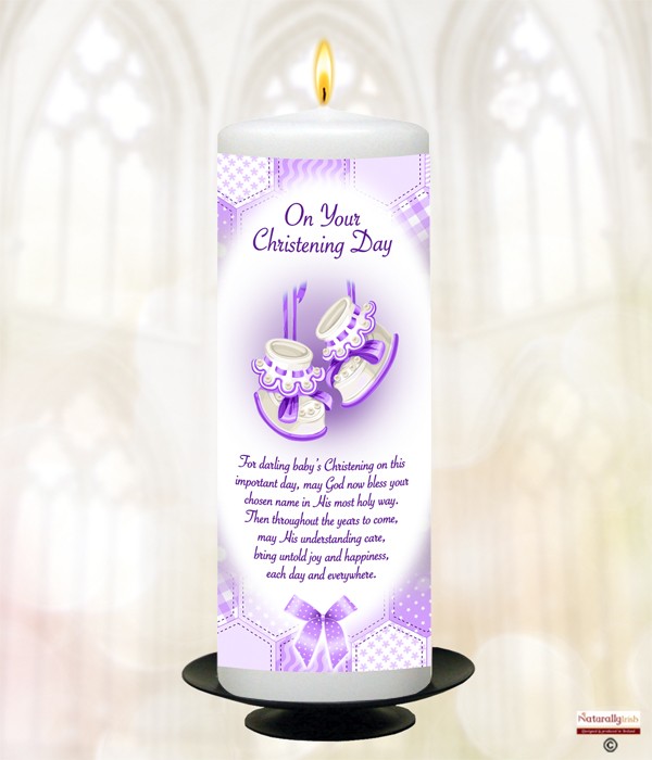 Dots, Ribbons & Booties Purple Christening Candle