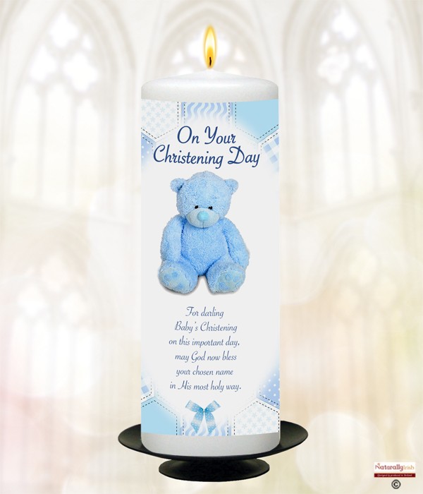 Dots, Ribbons & Teddy Blue Christening Candle