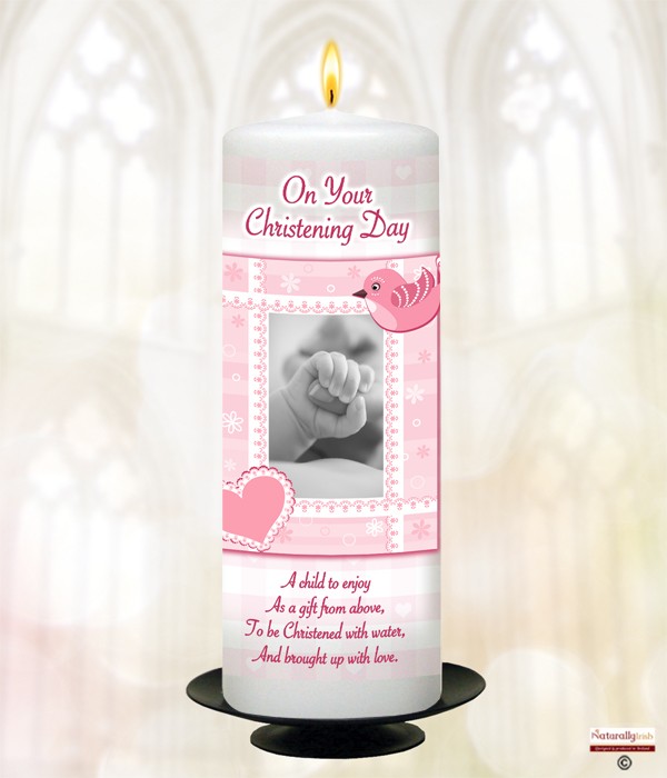 Heart, Bird & Hand Pink Christening Candle