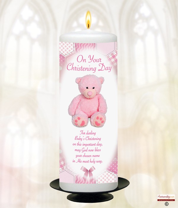 Dots, Ribbons & Teddy Pink Christening Candle