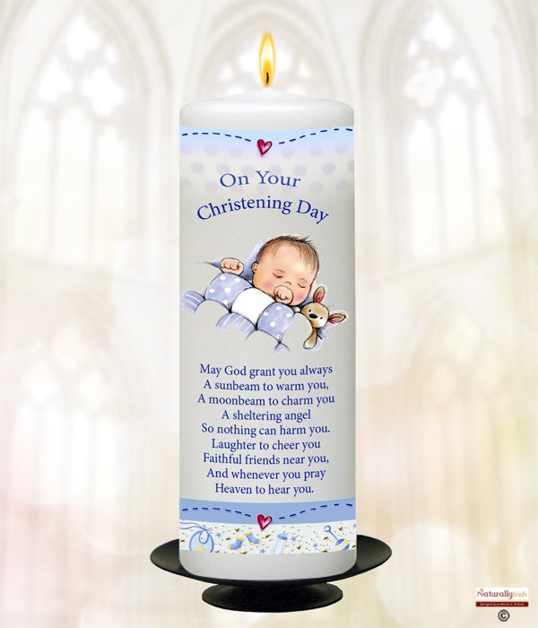 Teddy & Quilt Baby Blue Christening Candle