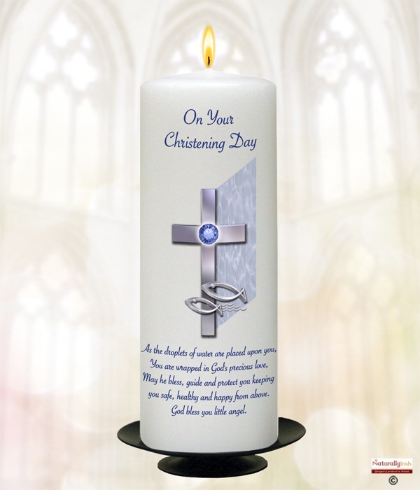 Cross & Fish Blue Christening Candle