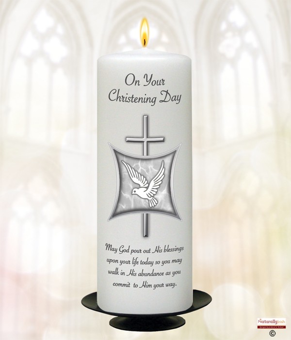 Dove, Cross & Shield Silver Christening Candle