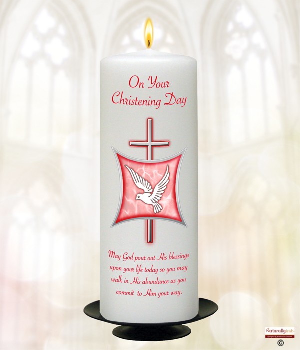 Dove, Cross & Shield Red Christening Candle
