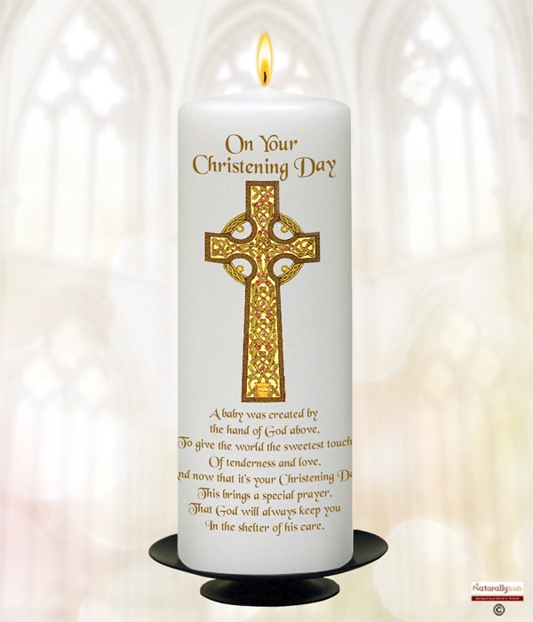 Holy Celtic Cross Gold Christening Candle