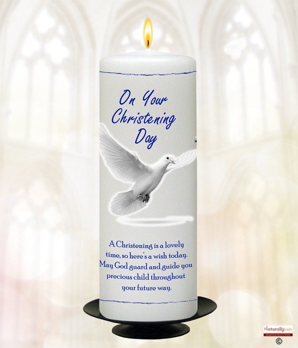 Flying Dove & Cross Blue Christening Candle