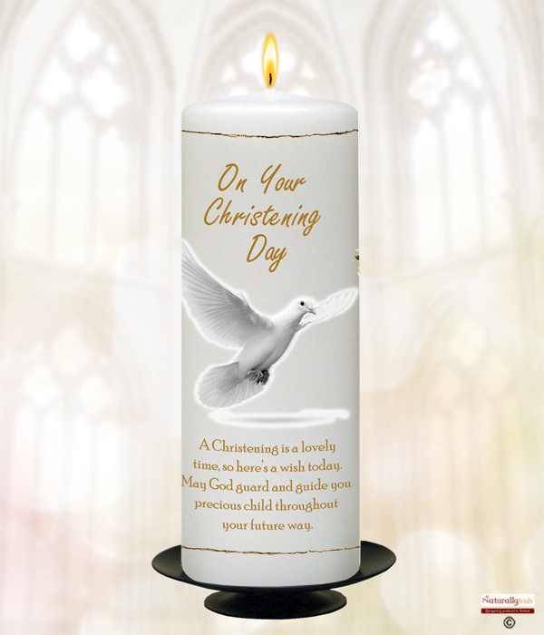 Flying Dove & Cross Gold Christening Candle