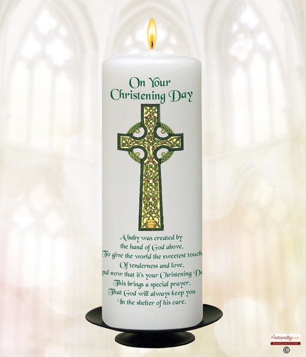 Holy Celtic Cross Green Christening Candle