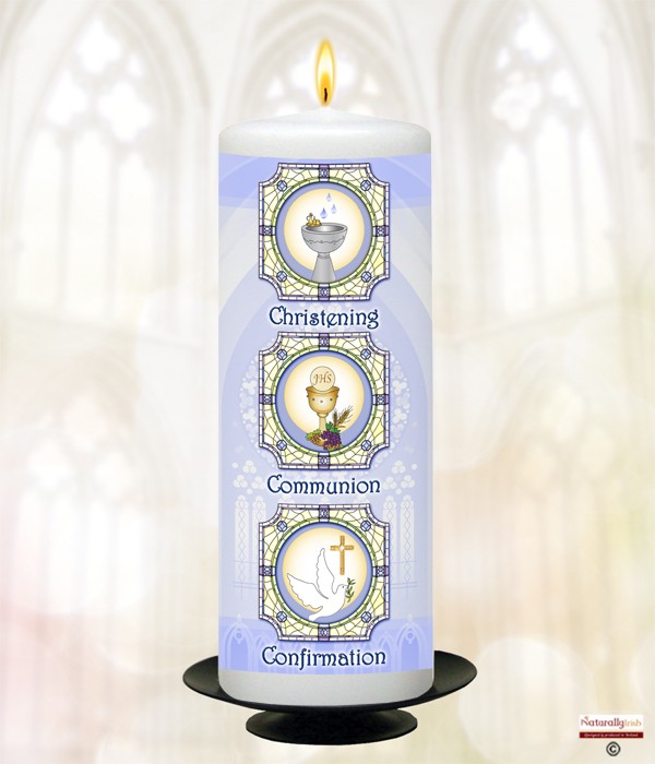 BCC Church Window Blue Christening Candle