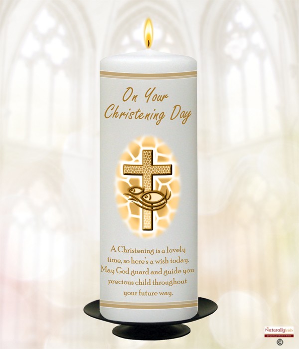Cross & Fish & Border Gold Christening Candle
