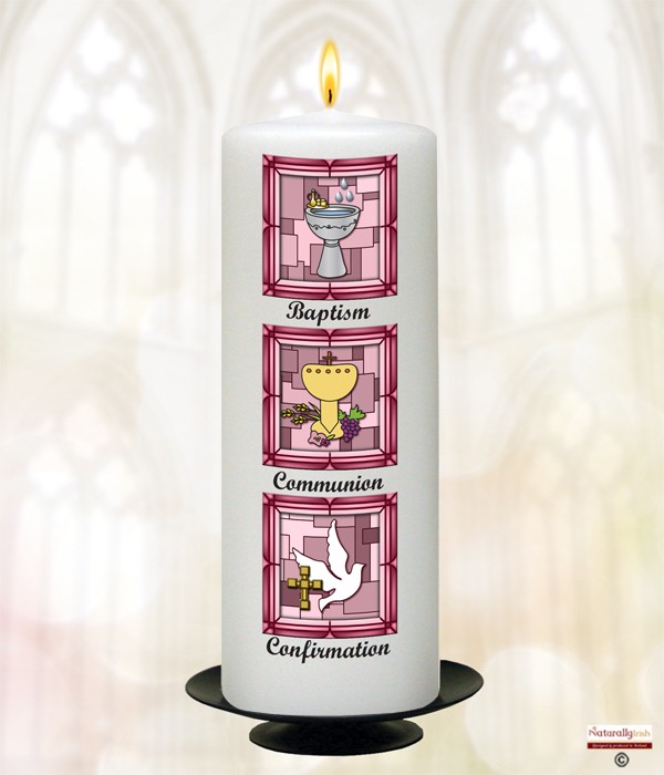 BCC Font, Cross & Dove Pink Christening Candle