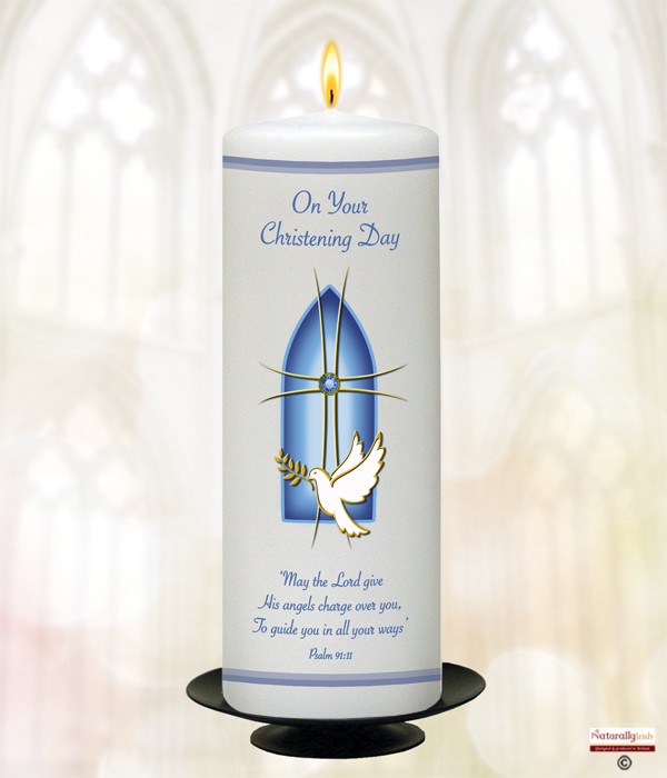 Chruch Window, Dove & Cross Blue Christening Candle