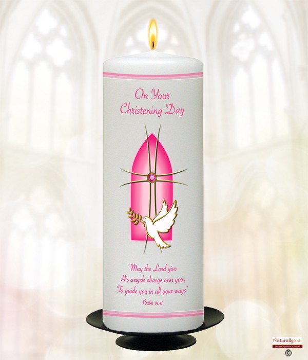 Chruch Window, Dove & Cross Pink Christening Candle