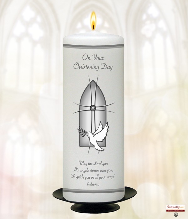 Chruch Window, Dove & Cross Silver Christening Candle