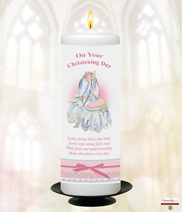 Cradle & Bow Pink Christening Candle