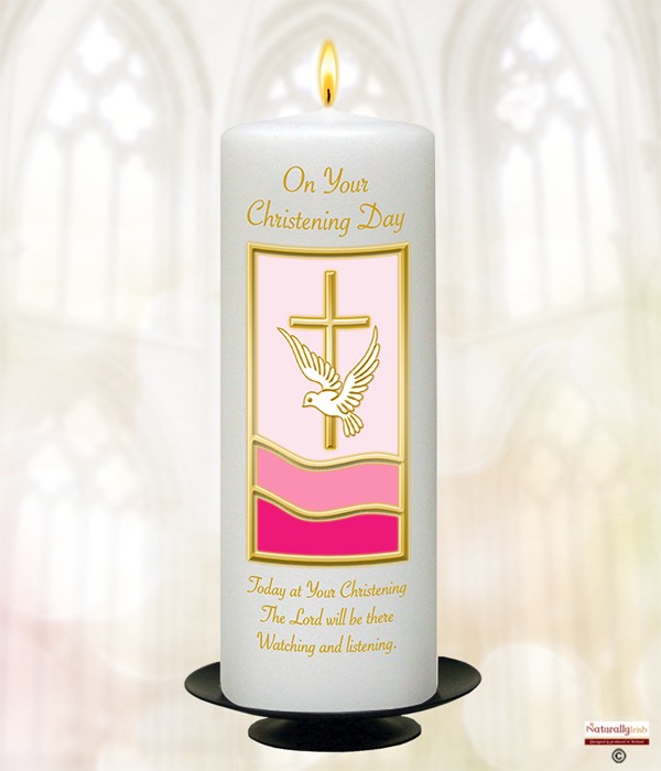 Cross & Dove Pink Christening Candle