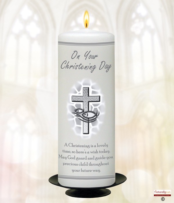 Cross & Fish & Border Silver Christening Candle