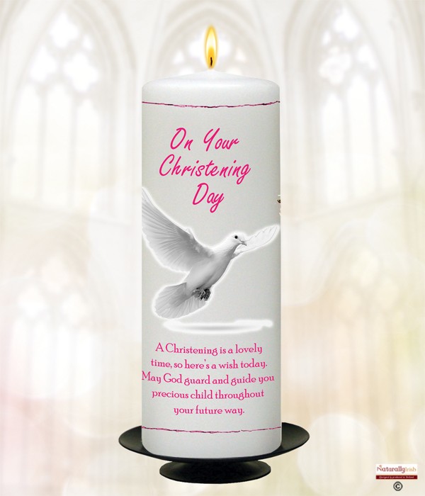 Flying Dove & Cross Pink Christening Candle