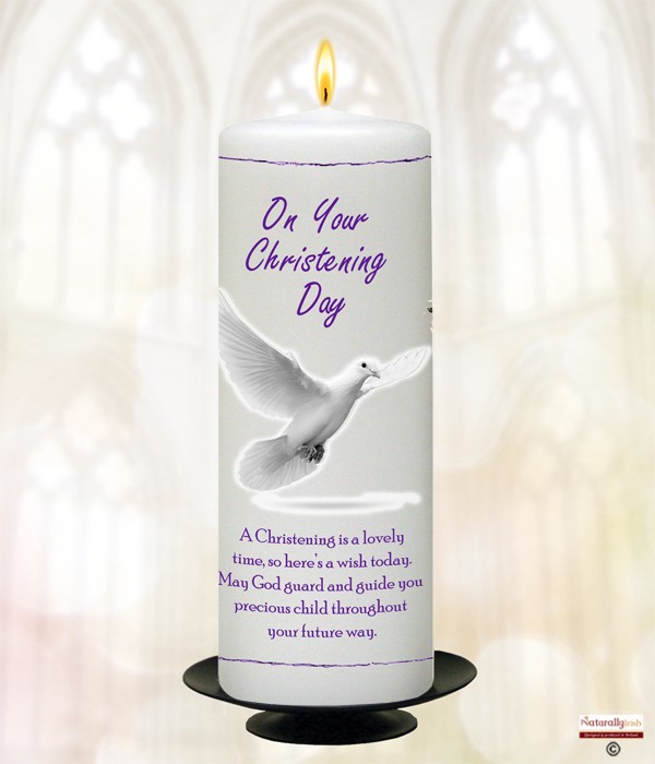 Flying Dove & Cross Purple Christening Candle