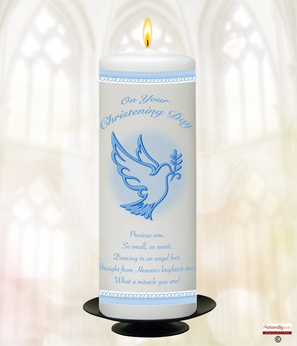 Flying Dove & Lace Border Blue Christening Candle