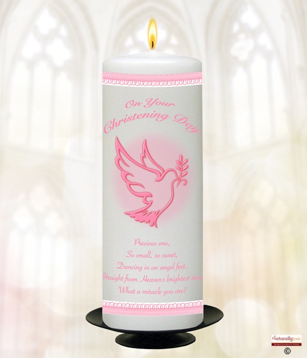 Flying Dove & Lace Border Pink Christening Candle