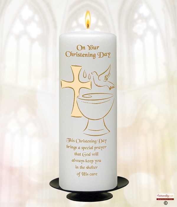 Font, Dove & Cross Gold Christening Candle