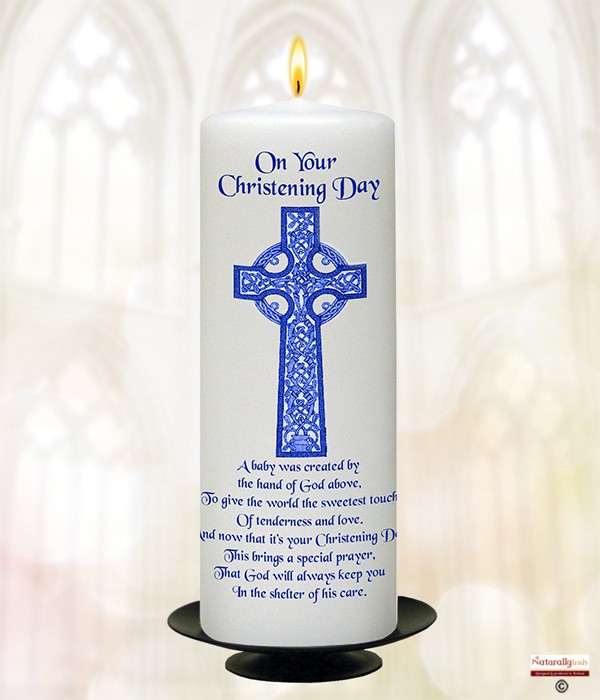 Holy Celtic Cross Blue Christening Candle