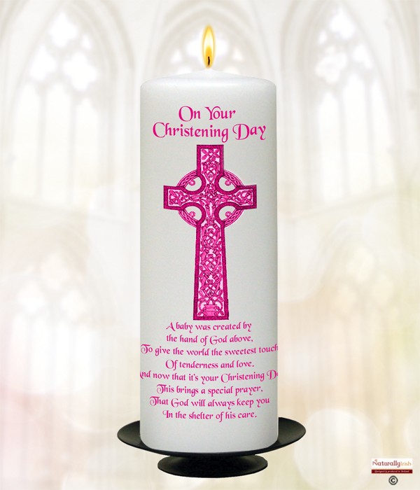 Holy Celtic Cross Pink Christening Candle