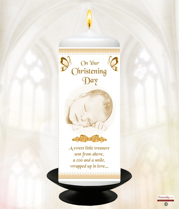Baby, Butterfly & Bow Gold Christening Candle