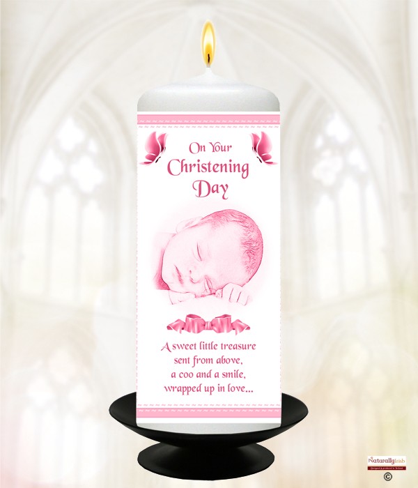 Baby, Butterfly & Bow Pink Christening Candle