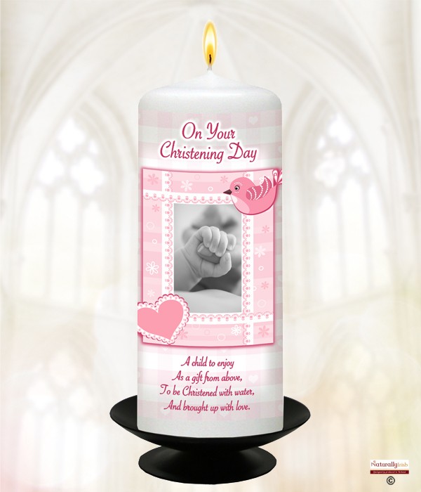 Heart, Bird & Hand Pink Christening Candle