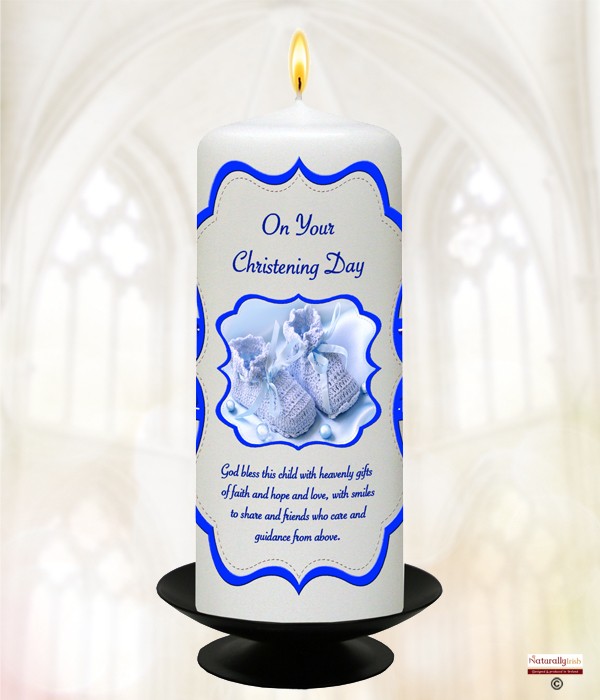 Scroll & Boots Blue Christening Candle