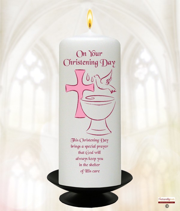 Naturally Irish Font, Dove & Cross Pink Christening Candle CHNP