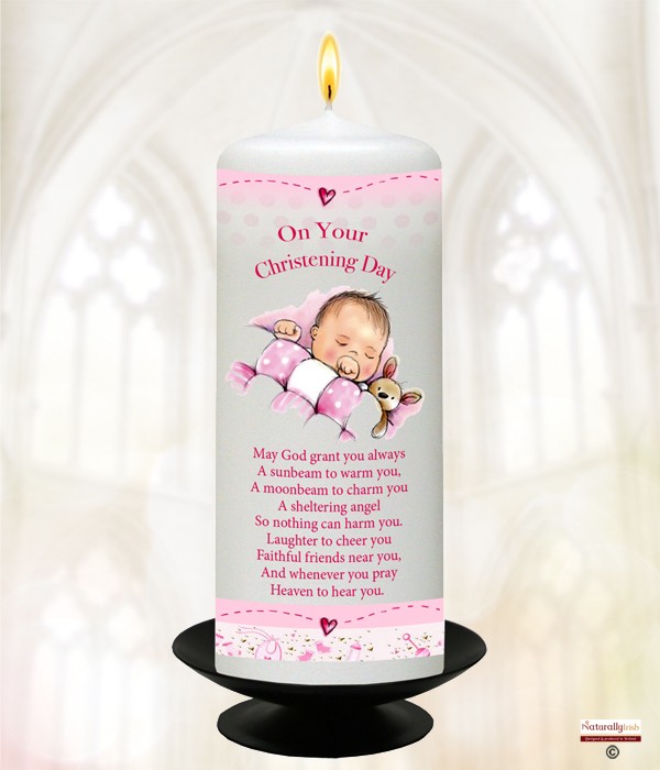 Teddy & Quilt Baby Pink Christening Candle