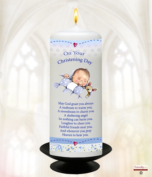 Teddy & Quilt Baby Blue Christening Candle