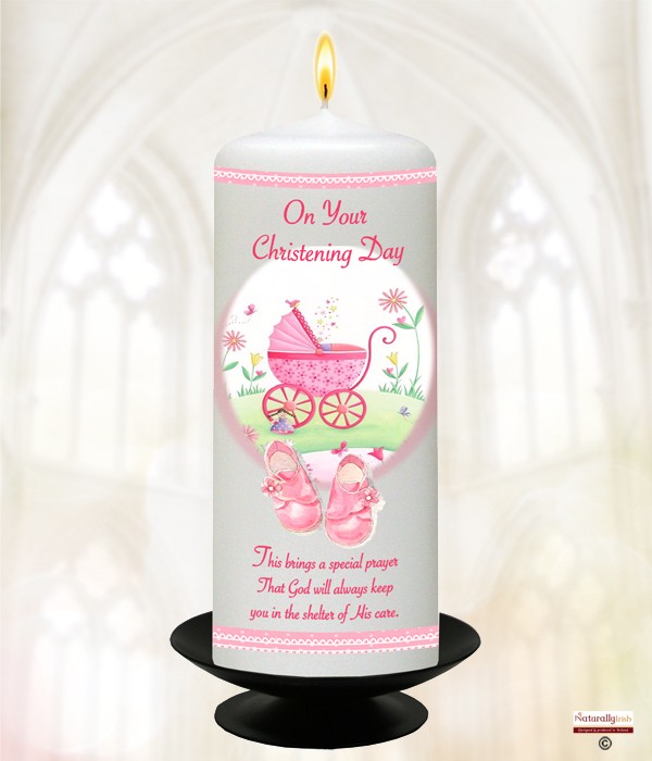 Pramulator & Shoe Pink Christening Candle